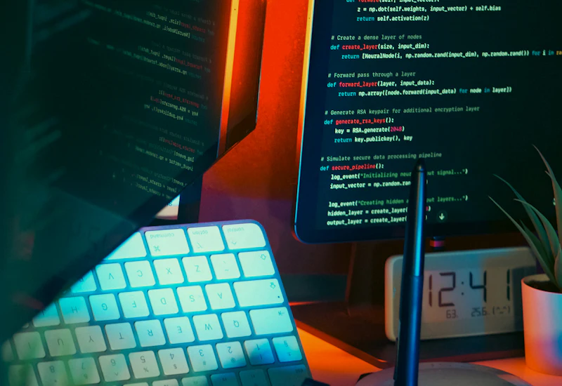 Moody multi-monitor workspace with source code on screen — where Sharkweb build and campaign work happens