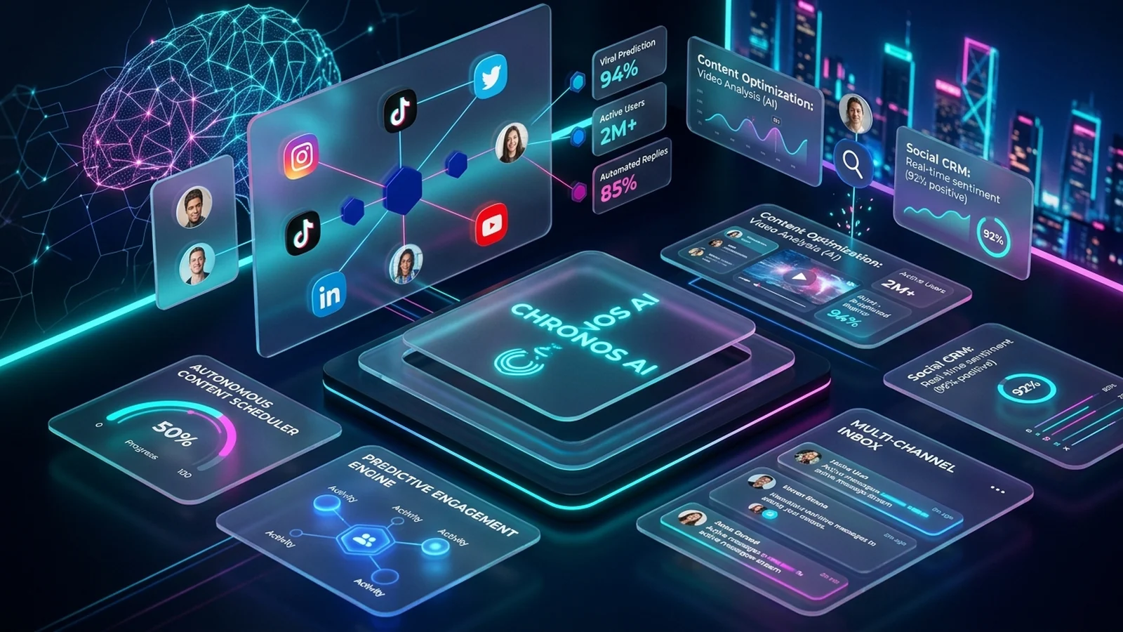 Glassmorphism command center for 2026 AI-powered social media automation and multi-channel pipelines