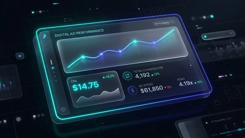 Glassmorphic digital ad performance dashboard displaying CPA metrics and acquisition curves