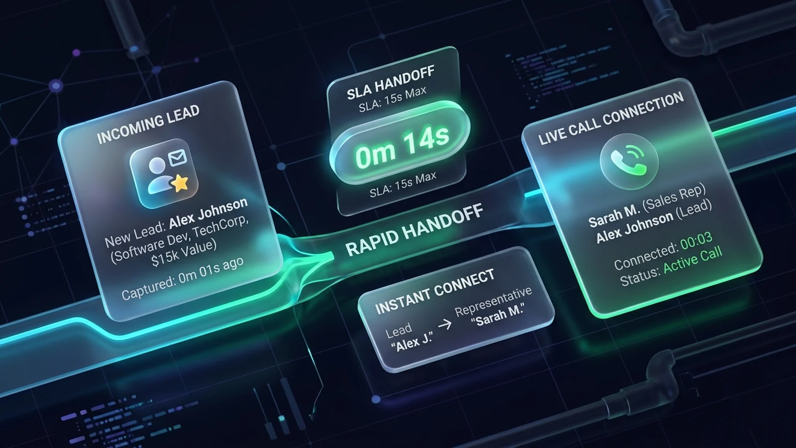 Frosted glass UI showing rapid incoming lead notification and live call handoff with SLA timer