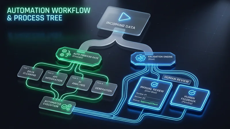 Glassmorphic automation workflow and process tree showing automated execution gates and human review checkpoints